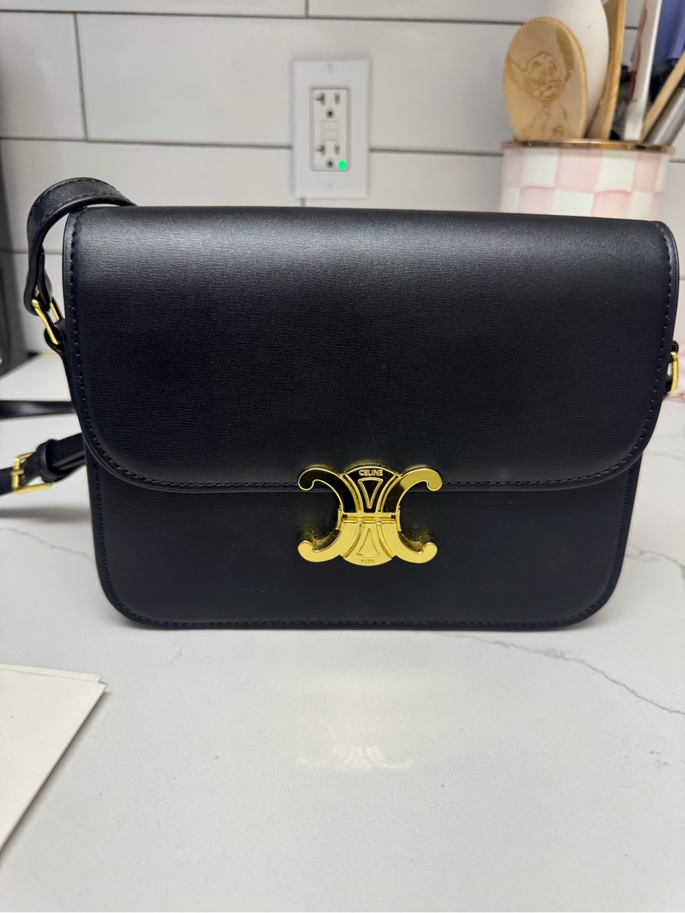 Black Classic Leather Triomphe Shoulder Bag